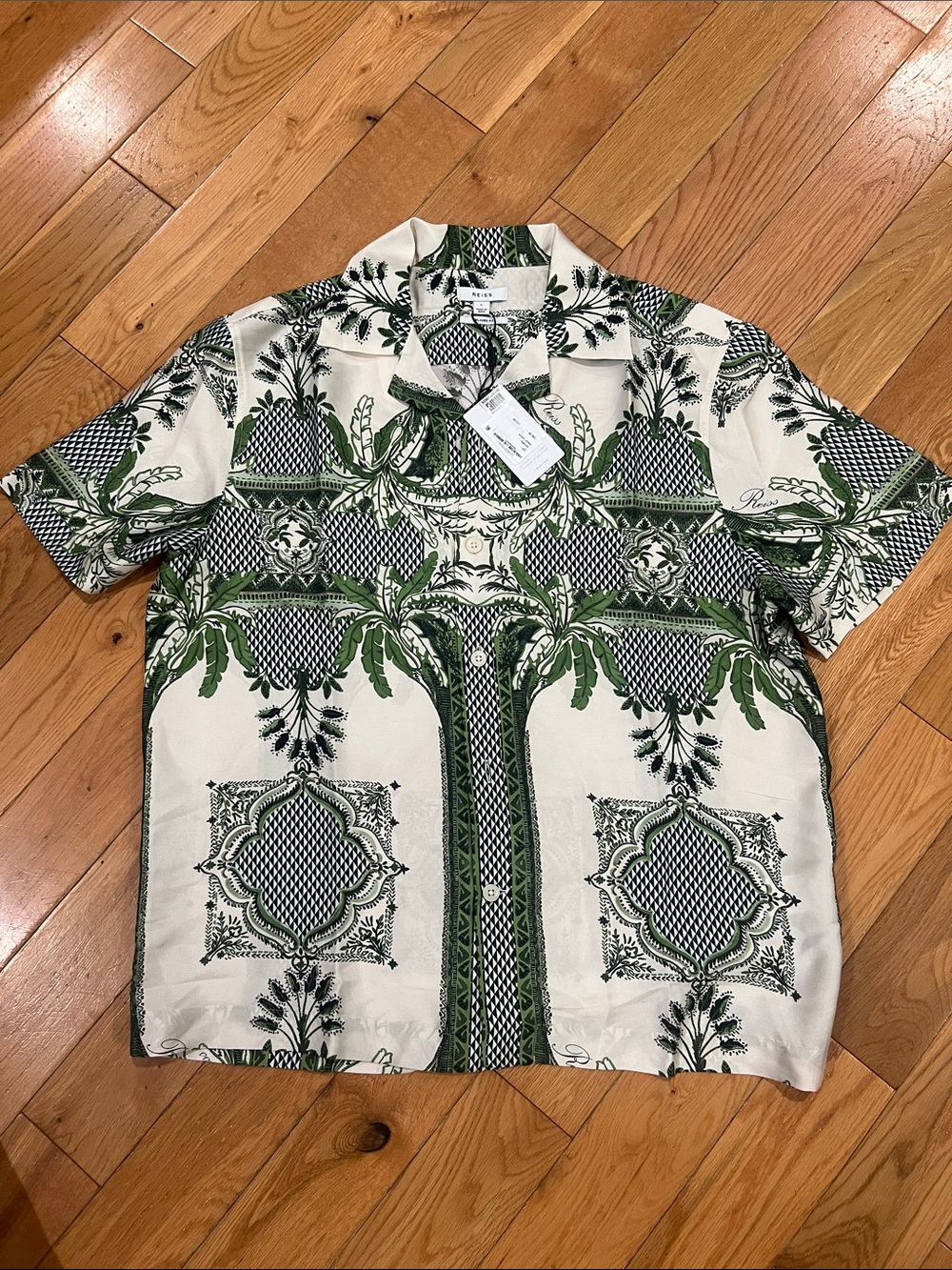 Reiss Green & Cream Botanical Print Camp Shirt